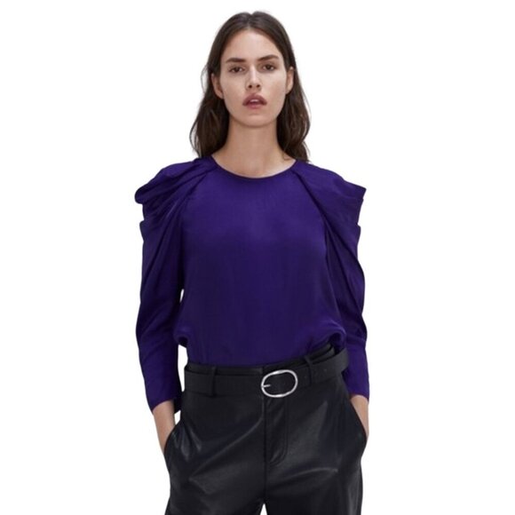 Zara Satin Effect Pleated Puff Shoulder Glossy  Blouse | XS | Royal Blue/Purple - Picture 5 of 16